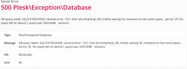 No space left on device 500 Plesk\Exception\Database